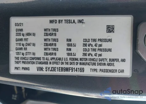 2021 Tesla Model 3 Long Range Dual Motor All-Wheel Drive from USA, damaged, VIN 5YJ3E1EB9MF914169